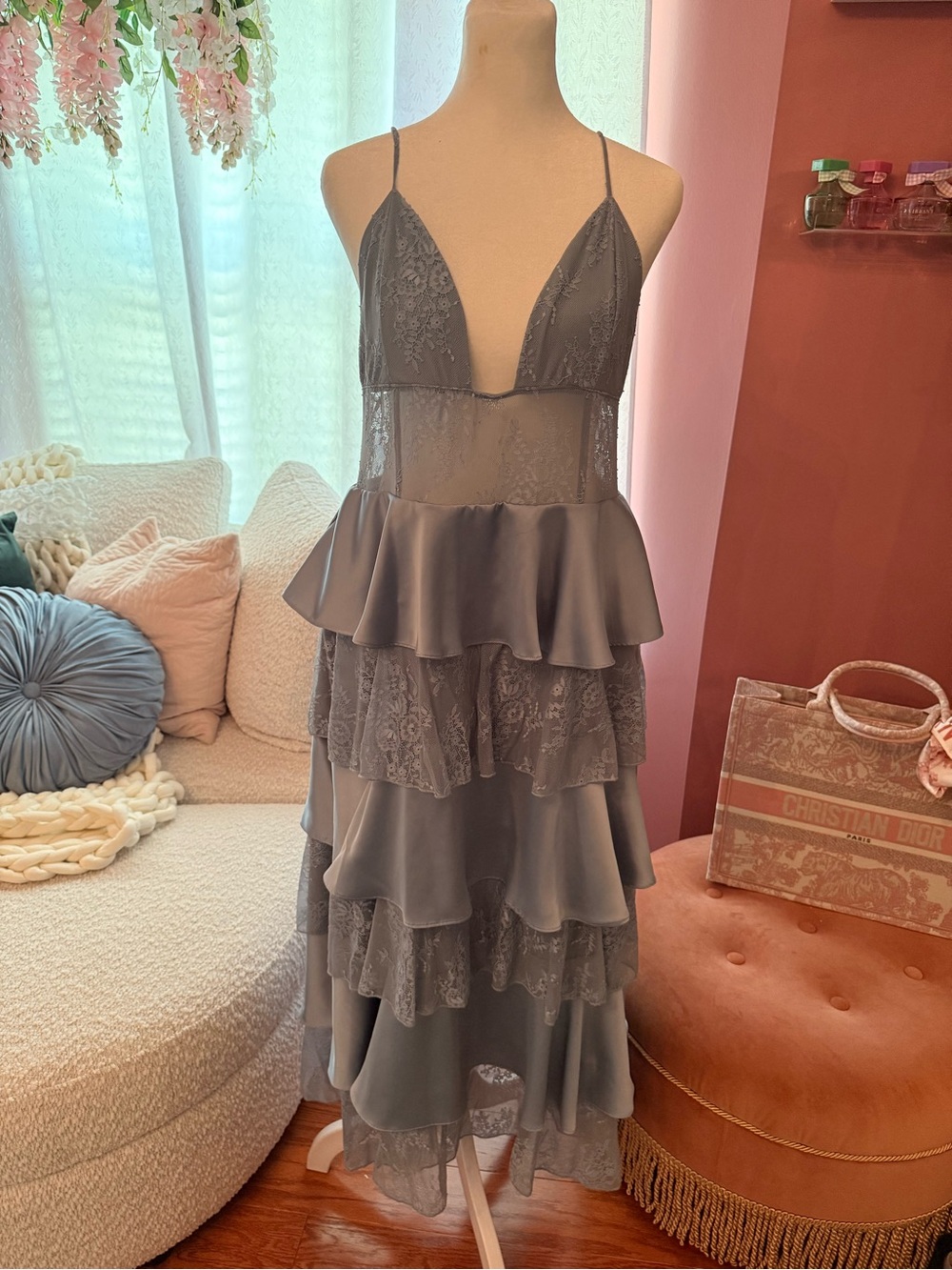 WeWoreWhat blue Tiered Lace Midi Dress